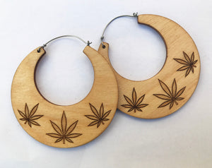 Wooden Cannabis Hoop Earring